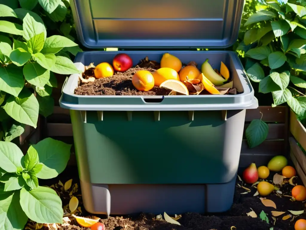 Un compostador en el patio trasero rebosante de desechos orgánicos en descomposición, rodeado de exuberantes plantas verdes