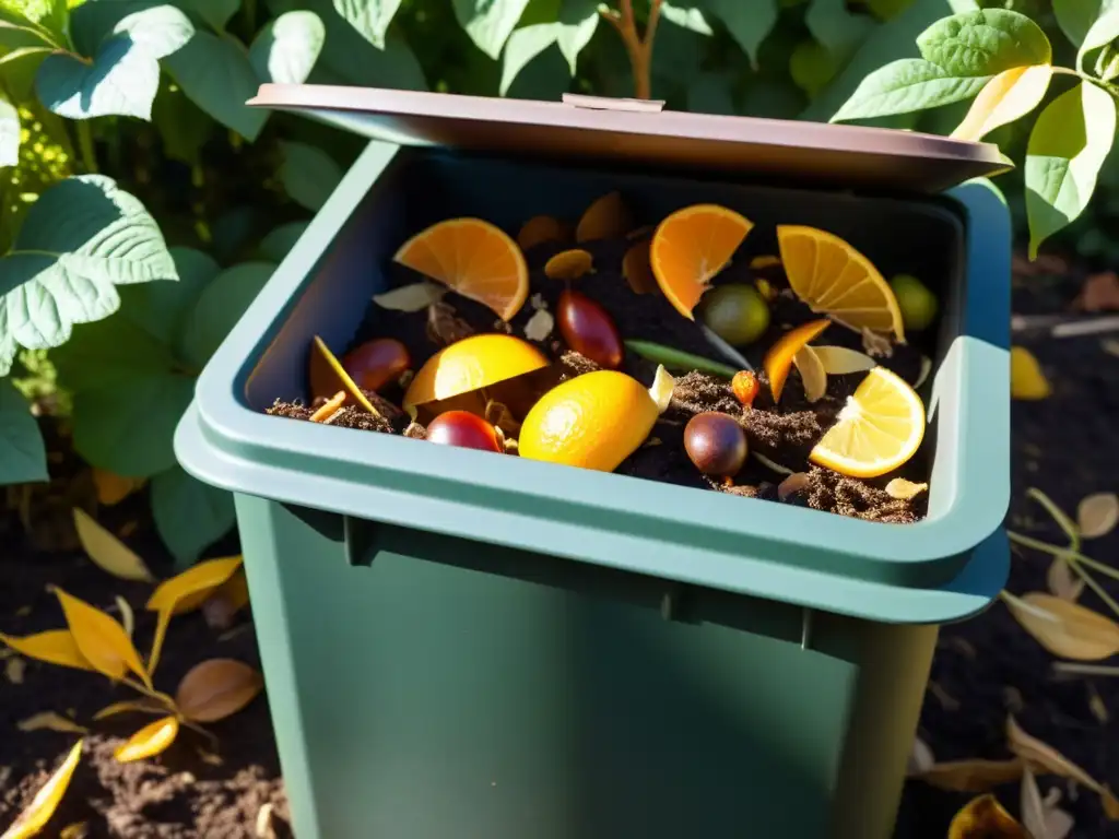 Un compostador rebosante de materia orgánica en un exuberante jardín