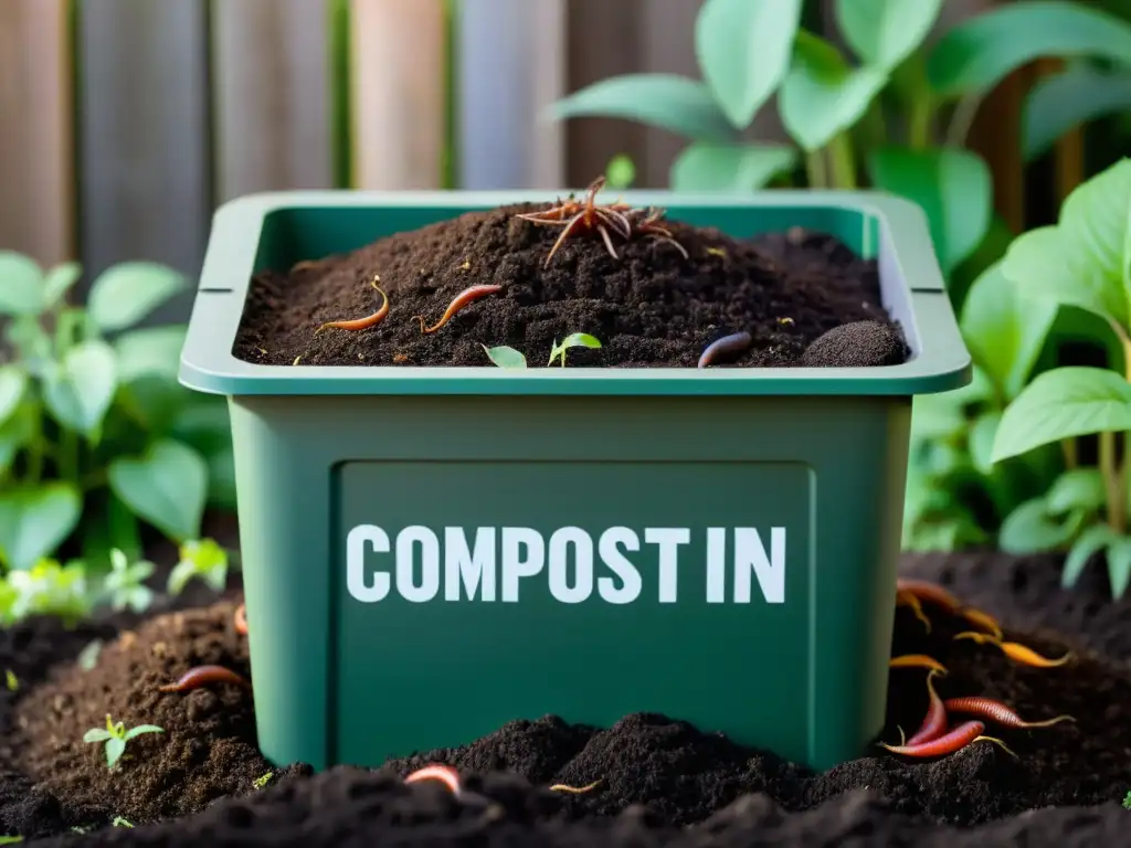 Un compostador reciclado rodeado de tierra oscura y llena de lombrices