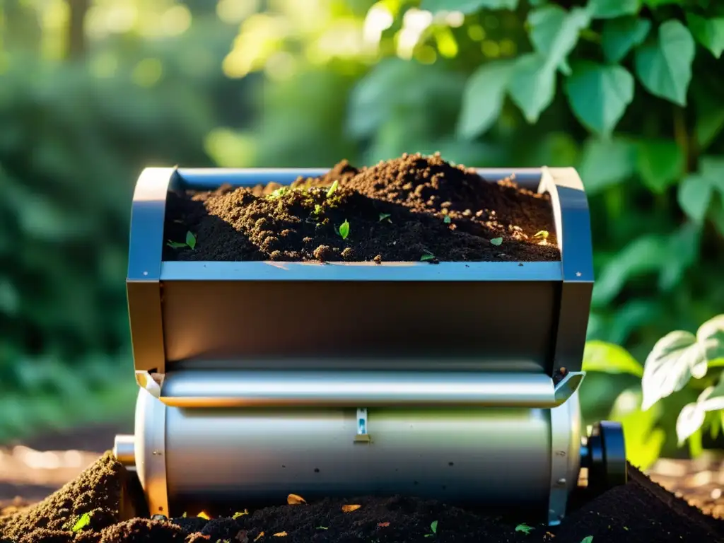 Un compostador térmico rebosante de compost oscuro y rico, rodeado de exuberante vegetación, iluminado por el sol