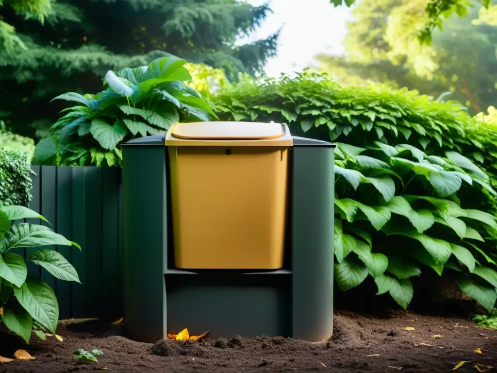 Un compostador en un jardín tranquilo, listo para reciclar residuos orgánicos