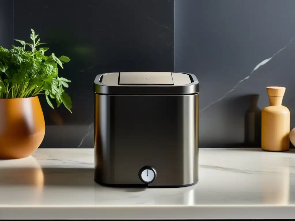 Contenedor de compost moderno en cocina Un compostador urbano en una cocina moderna con hierbas en macetas