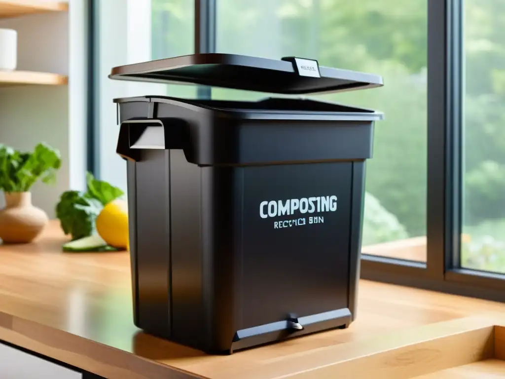 Un compostador vertical negro, organizado y eficiente en un hogar luminoso