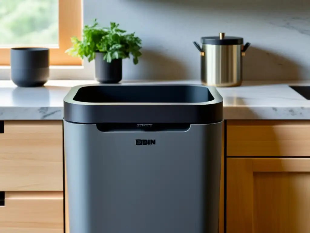 Compostaje en apartamentos urbanos: elegante contenedor de compost en cocina moderna con hierbas frescas en macetas