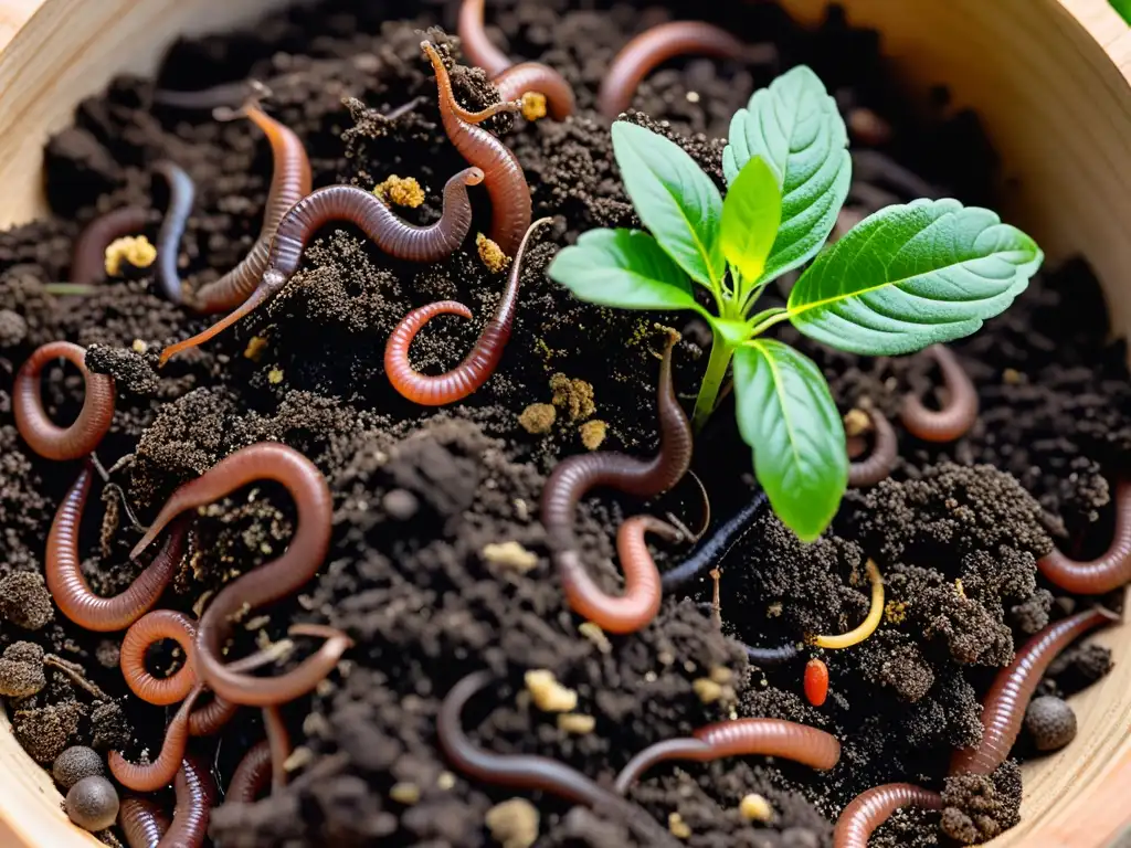 Compostaje beneficioso para plantas: rico compost oscuro con lombrices y microorganismos, brotes verdes emergen