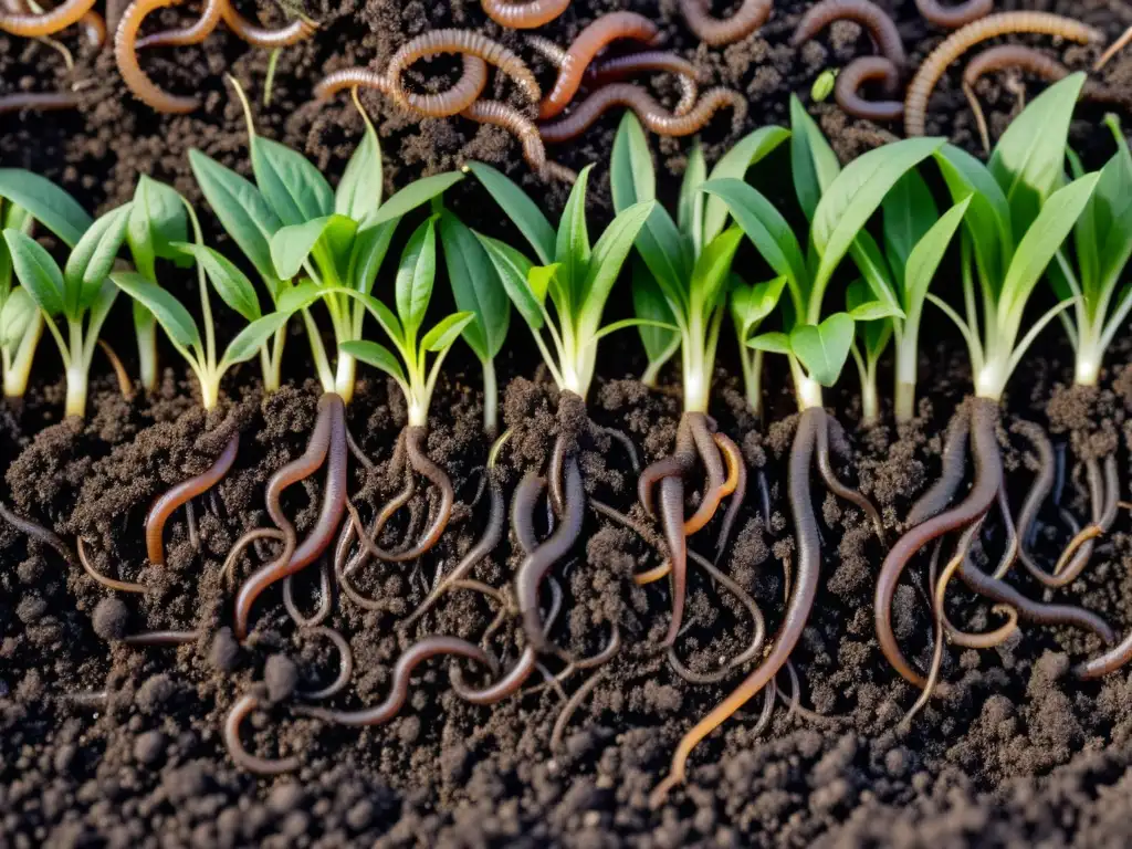 Compostaje beneficioso para plantas: tierra oscura rica en microorganismos, lombrices y plántulas verdes