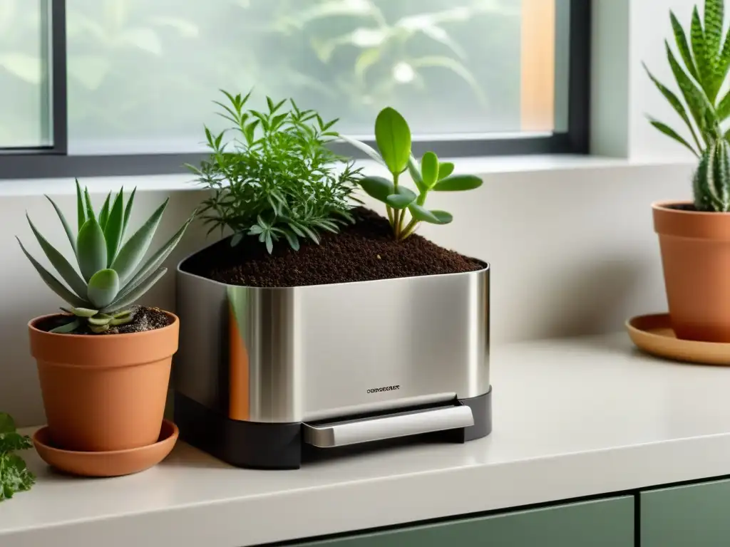 Compostaje en casa: Cocina minimalista con compostera, plantas y luz natural