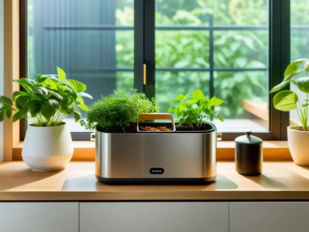 Compostaje en casa: cocina minimalista con contenedor de compost lleno de restos de comida y hierbas frescas en macetas, bañadas por luz natural