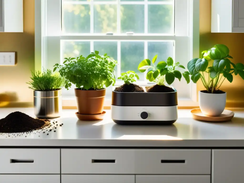 Compostaje en casa: encimera blanca con compostera llena de tierra oscura y hierbas frescas en macetas, bañadas por luz dorada