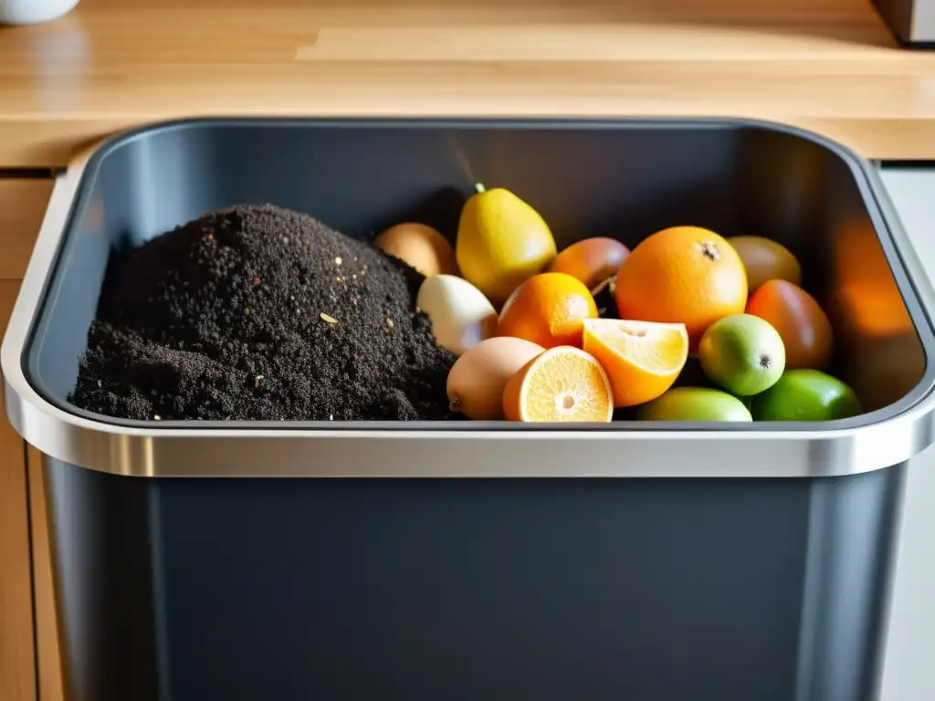 Compostaje en cocina moderna: Residuos orgánicos Compostaje en casa: estrategias efectivas de reciclaje de residuos orgánicos en un hogar moderno, minimalista y sostenible