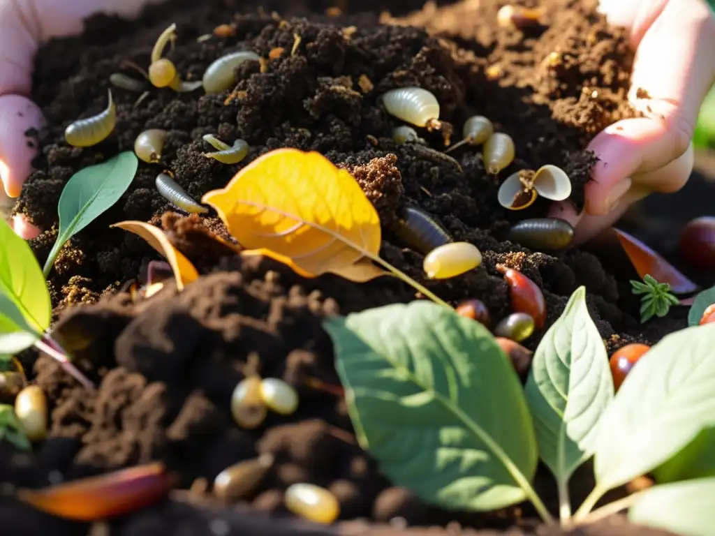 Compostaje sostenible: belleza en descomposición Compostaje en catering: una pila de compost bien organizada con desechos orgánicos, hojas y organismos trabajando bajo la cálida luz del sol