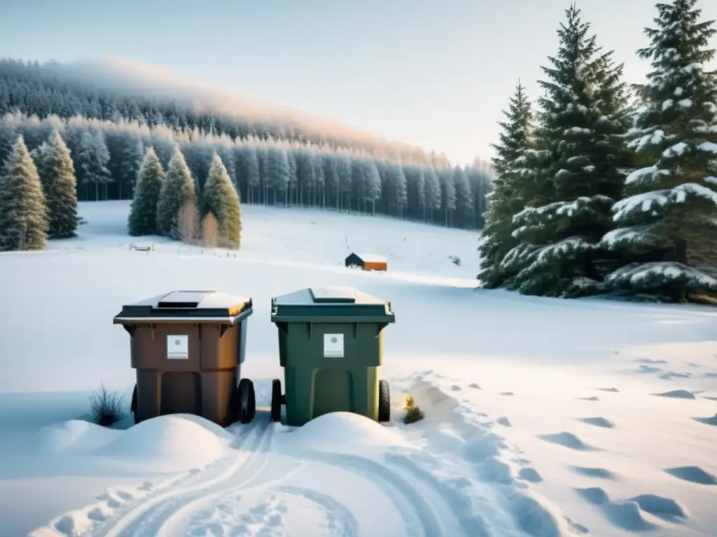 Compostaje en climas fríos Escandinavia: Paisaje nevado con composteras y árboles perennes