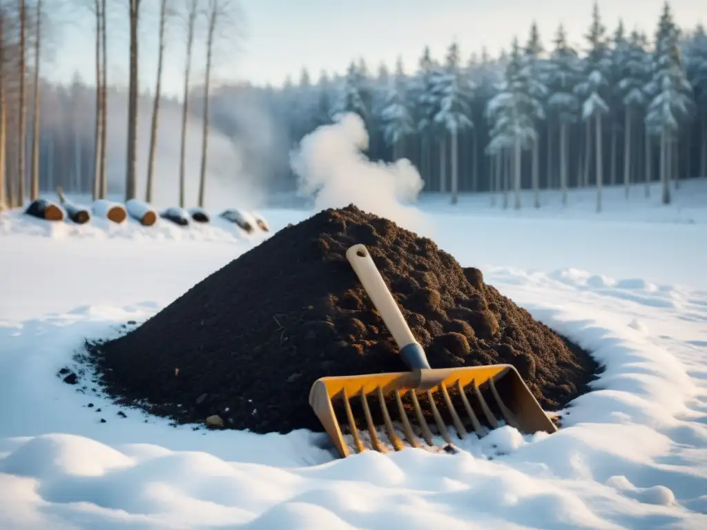 Compostaje en climas fríos Escandinavia: Pila de compost en paisaje nevado, con vapor suave y herramientas de jardinería sostenible