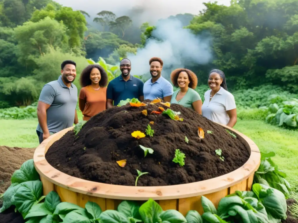 Compostaje colectivo práctica sostenible: Comunidad diversa sonriente alrededor de montón de compost, colaborando en prácticas sostenibles