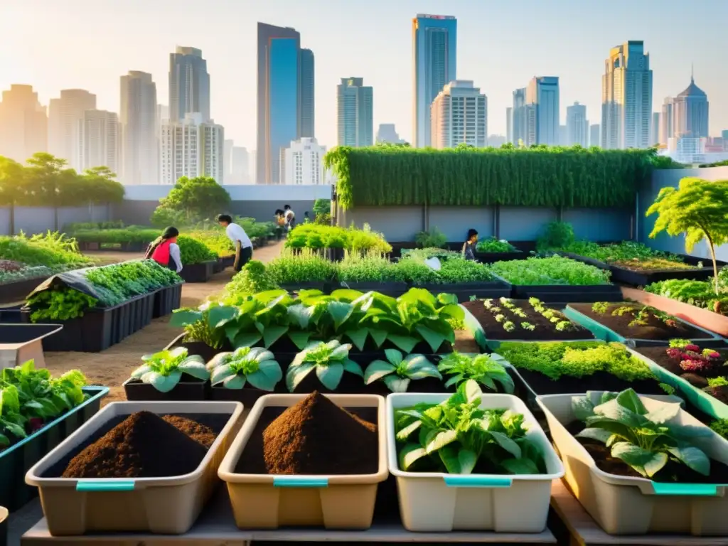 Compostaje en comunidades asiáticas: Jardín urbano con plantas exuberantes y personas cuidando del huerto en una ciudad asiática bulliciosa