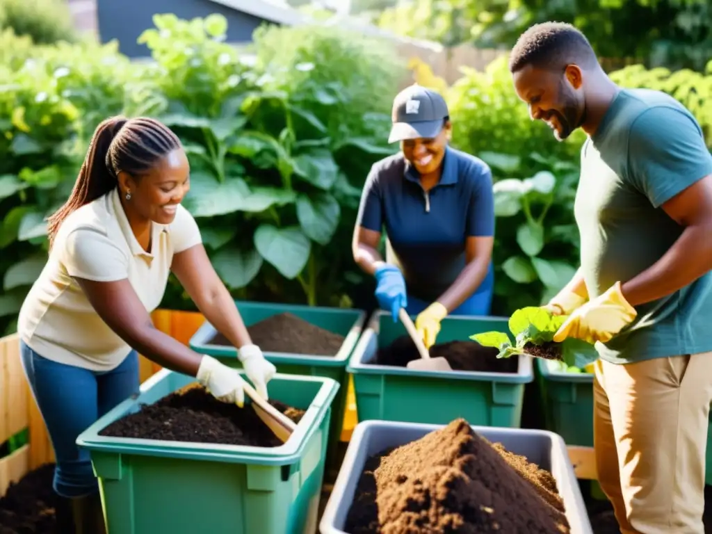 Compostaje comunitario en áreas vulnerables: Miembros diversos colaborando en un jardín urbano, atendiendo a los composteros