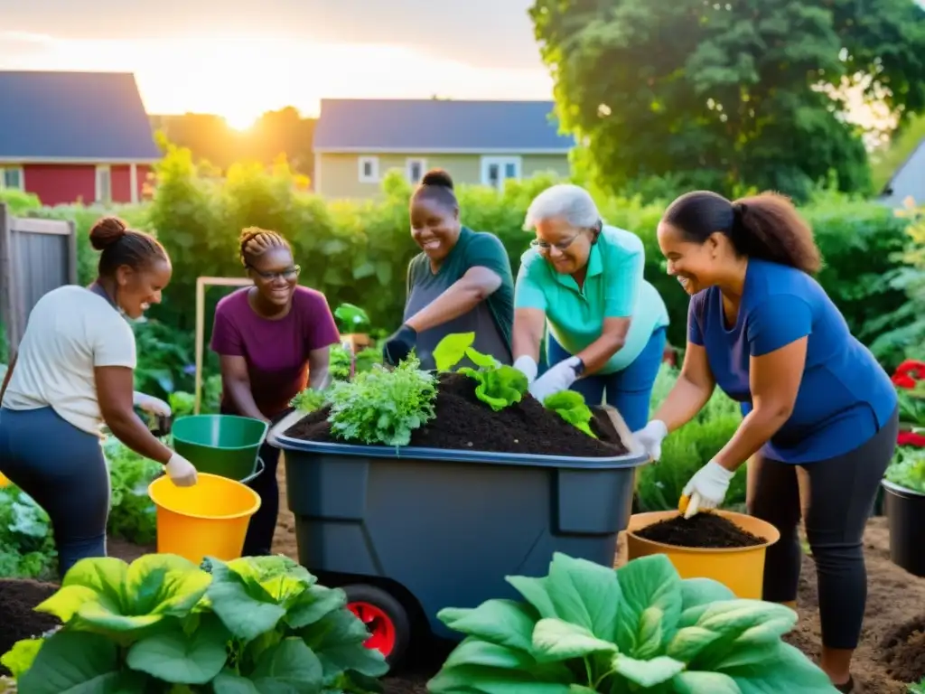 Compostaje comunitario en áreas vulnerables: Diversidad y colaboración en un jardín urbano al atardecer, promoviendo la sostenibilidad y la unidad