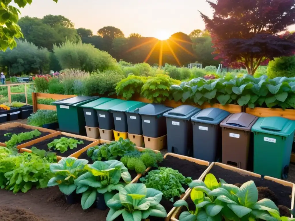 Compostaje comunitario: la armonía y sostenibilidad de trabajar juntos en un jardín con contenedores de compost etiquetados al atardecer