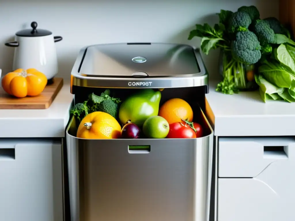 Un compostaje comunitario para reducir residuos: un compostador de acero inoxidable en una cocina moderna, con frutas y verduras frescas