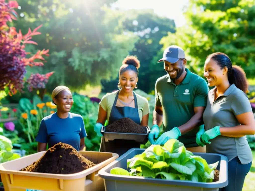 Compostaje comunitario para reducir residuos: Diversos miembros trabajan juntos en un jardín, rodeados de flores y plantas prósperas, creando un ambiente de cooperación y sostenibilidad