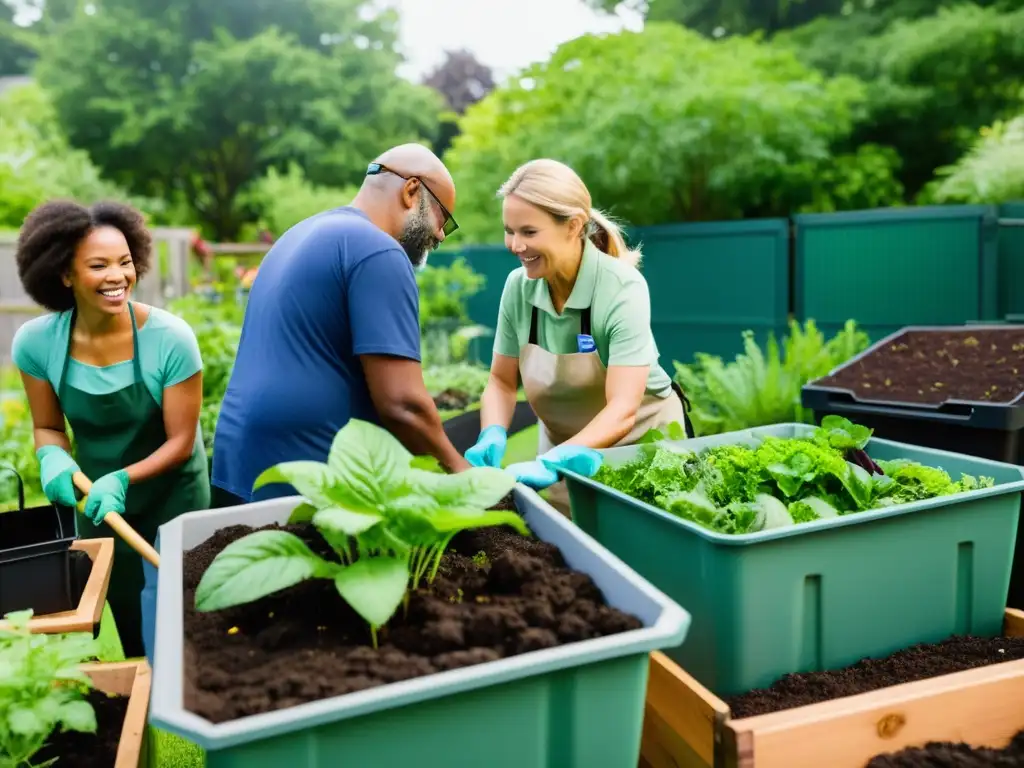 Compostaje comunitario sostenible vecinal en un jardín de comunidad vibrante y diverso, reflejando colaboración y vida sustentable