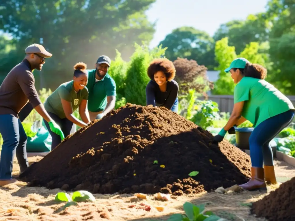 Compostaje comunitario: vecinos trabajan en la pila de compost, con luz solar entre árboles