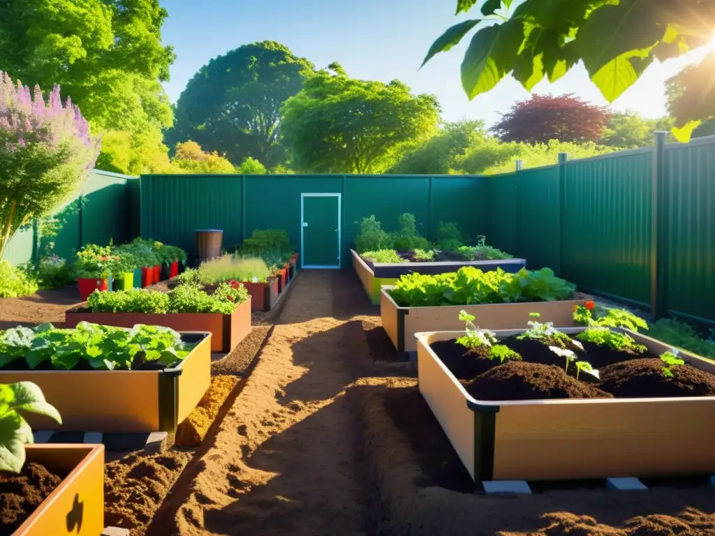 Compostaje comunitario en un jardín vibrante, donde vecinos gestionan residuos y practican jardinería sostenible entre exuberante vegetación