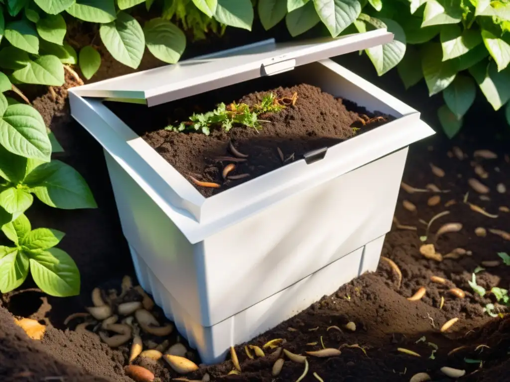 Implementación biotecnología compostaje doméstico en un compostador blanco lleno de compost oscuro y húmedo, con lombrices y vapor, rodeado de vegetación exuberante