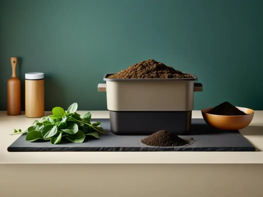 Una evolución del compostaje doméstico, desde restos frescos hasta compost oscuro, en una cocina minimalista con líneas limpias y suave iluminación