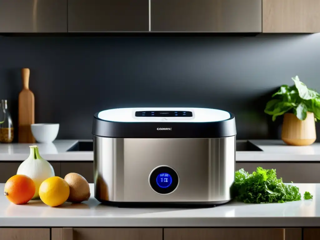 Automatiza compostaje doméstico sostenible con máquina de acero inoxidable en cocina minimalista, LED iluminando proceso de compostaje