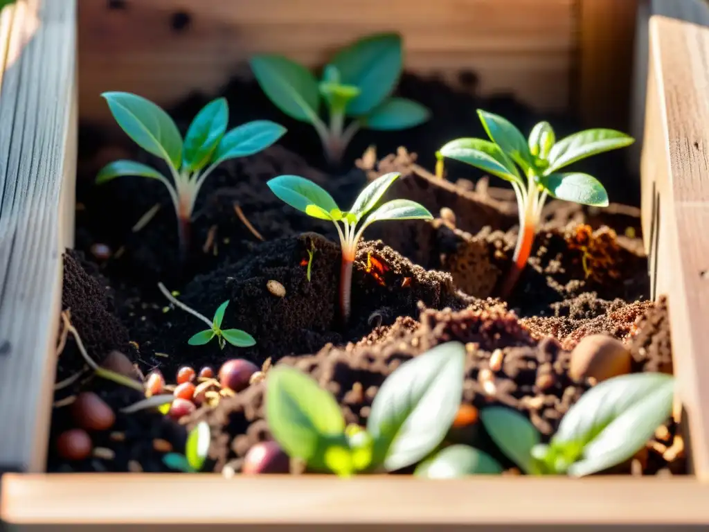 Compostaje efectivo en casa: composición rica en nutrientes con lombrices y microorganismos beneficiosos en un contenedor de madera