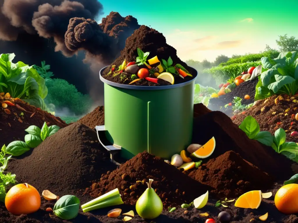 Compostaje eficiente: belleza natural y sostenibilidad Compostaje eficiente en la industria alimentaria: pila de compost verde y exuberante con vapor, residuos orgánicos y tierra oscura emergente