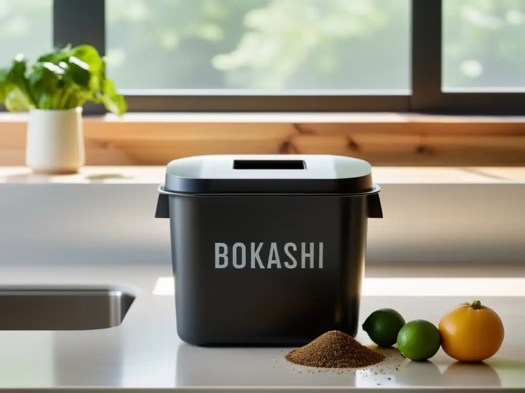 Compostaje Bokashi en espacios pequeños: Cocina minimalista con contenedor Bokashi y restos orgánicos iluminados por luz natural