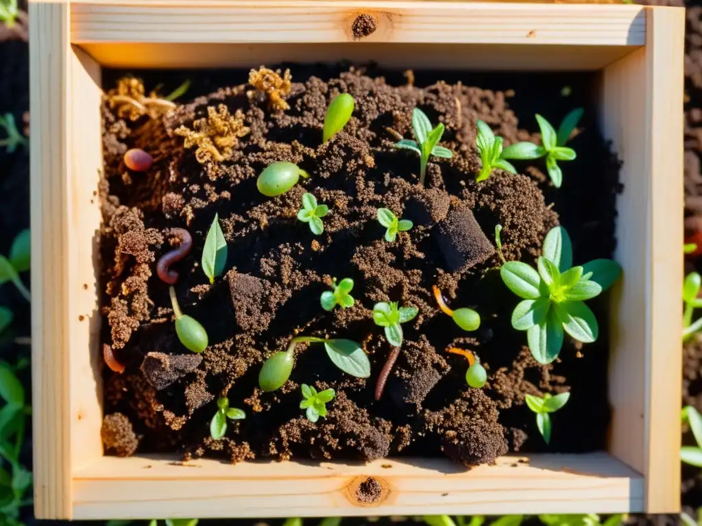 Compostaje en hogar: Detalle de compost oscuro y fértil, con lombrices y microorganismos beneficiosos, mostrando el ciclo de vida y renovación