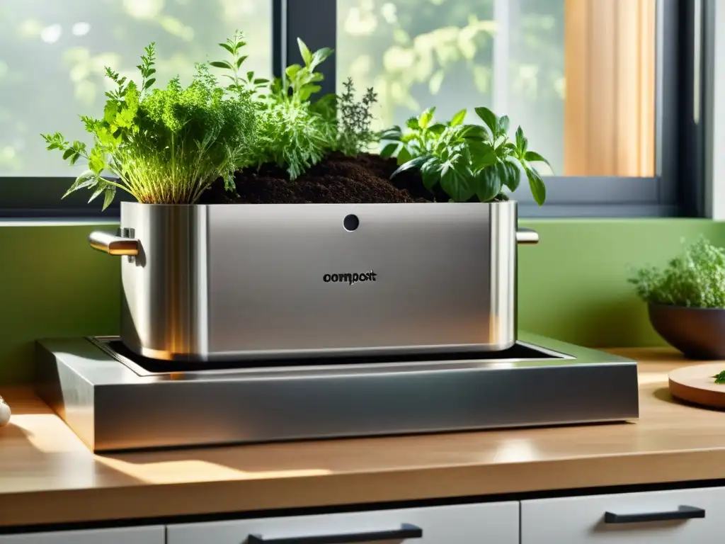 Compostaje en el hogar moderno: cocina elegante con compostera de acero inoxidable, compost oscuro y hierbas frescas en macetas