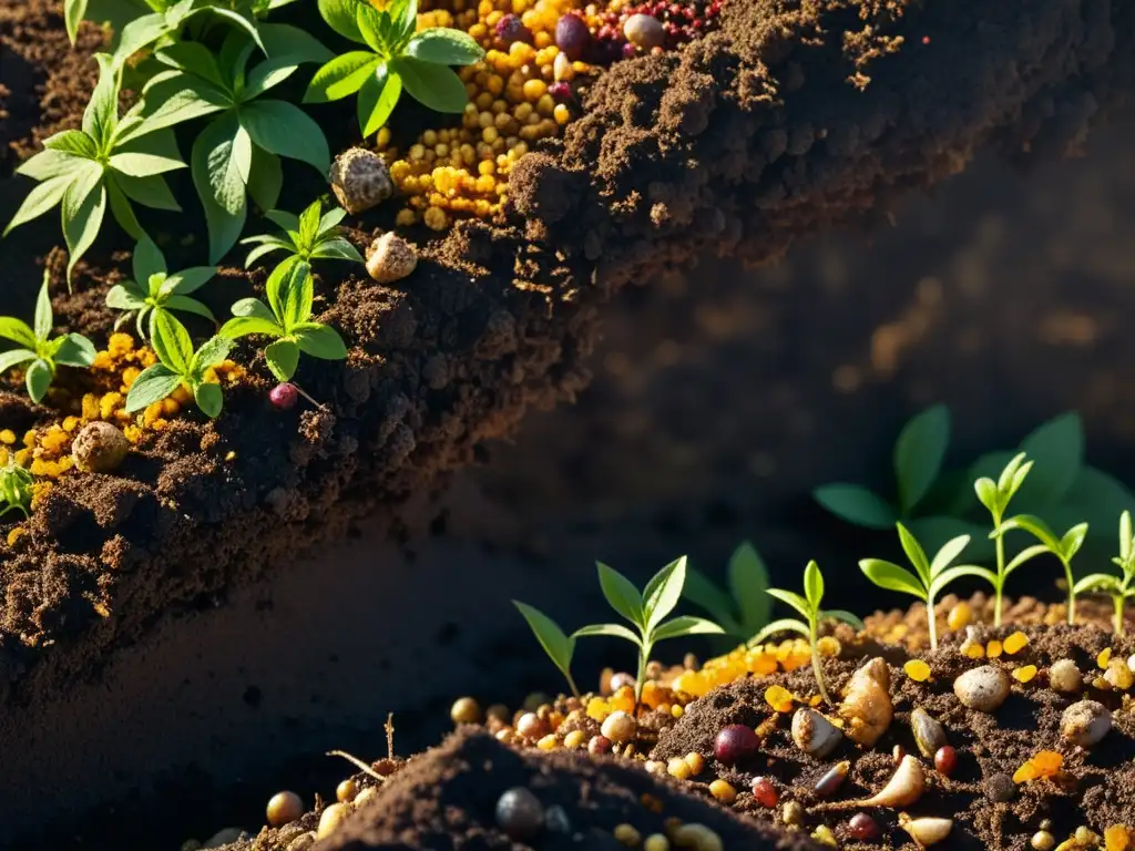 Compostaje en el hogar moderno: Detalle ultra de un hermoso montón de compost, con ricas texturas y vida orgánica en armonioso decaimiento