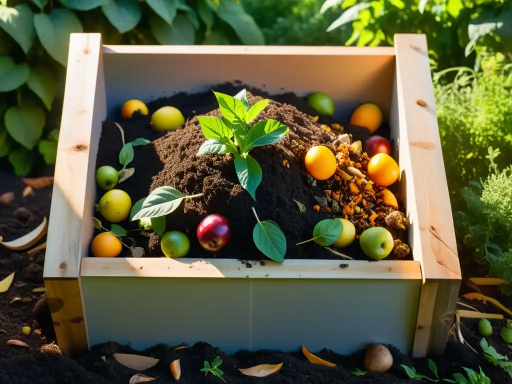 Compostaje en el hogar moderno: Pila de compost en el patio con capas de material orgánico y luz solar brillante