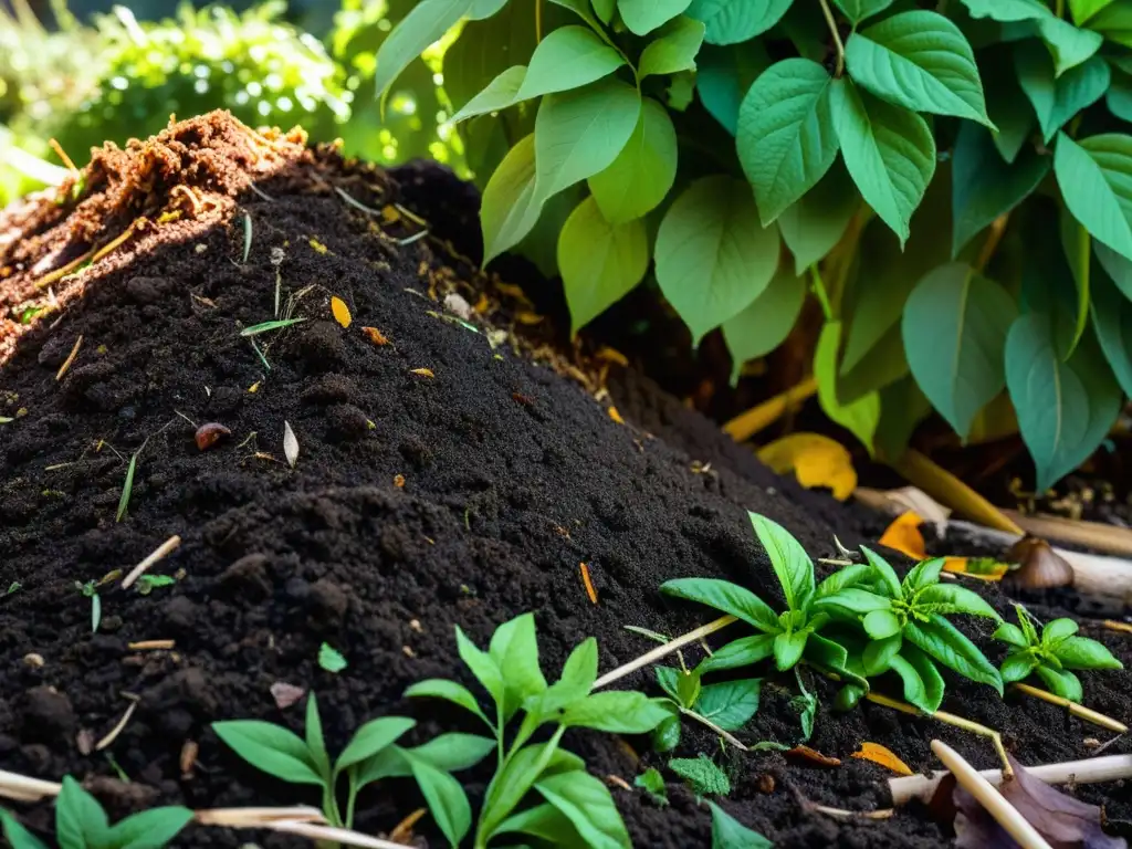 Compostaje hogar sostenible: Pila de compost en el jardín, con descomposición de restos orgánicos y luz filtrándose entre los árboles