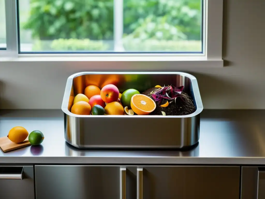 Compostaje en hogar: composición vibrante de residuos orgánicos en elegante contenedor de acero inoxidable en la cocina