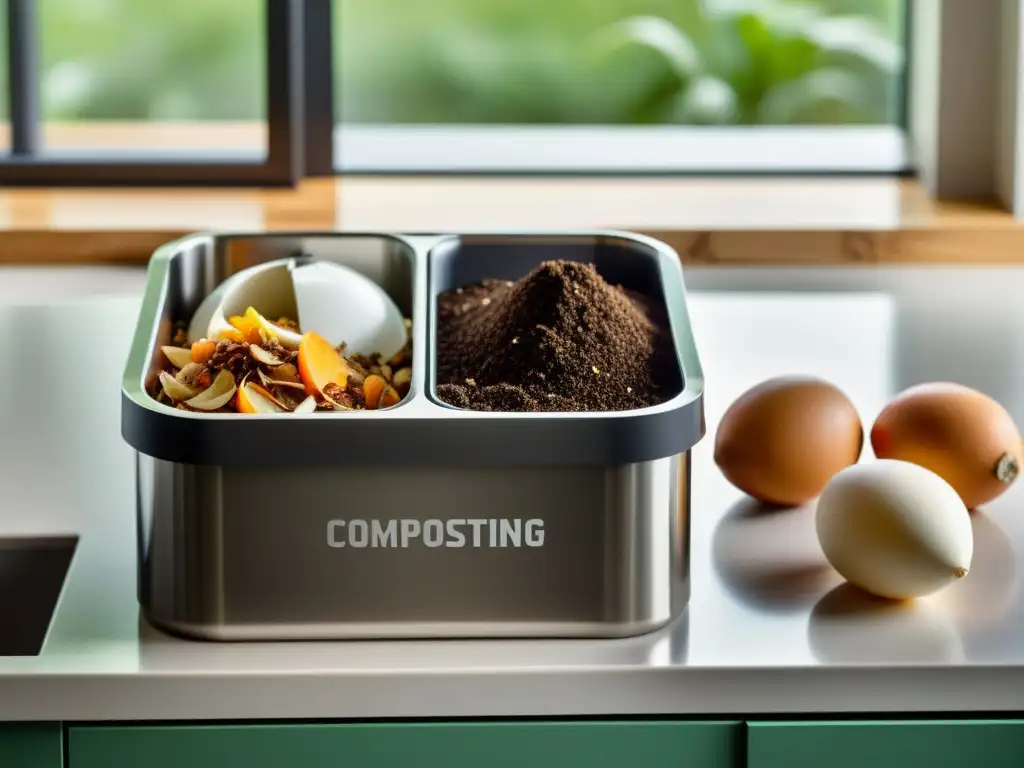 Compostaje doméstico: cocina moderna, solución eco Un compostaje hogareño sostenible en una cocina moderna