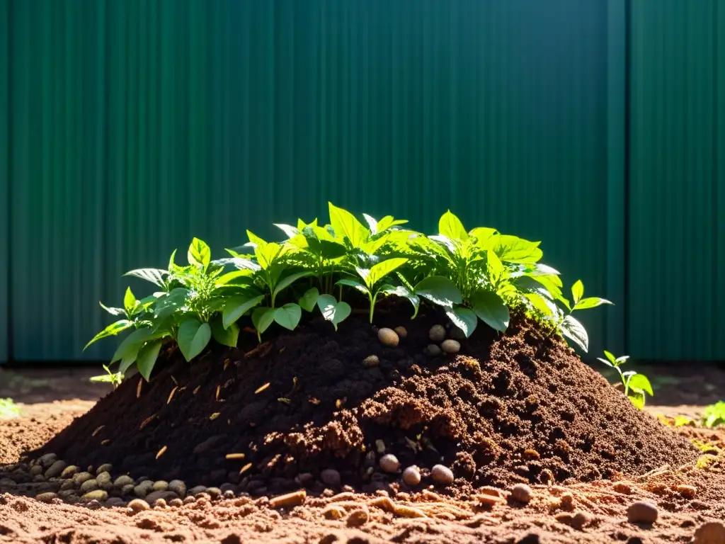 Un compostaje en la industria del chocolate: Pila de compost rodeada de plantas verdes y suelo fértil teeming con vida microbiana