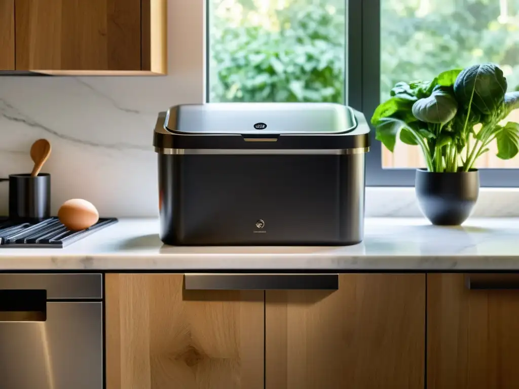 Un compostaje industrial en el hogar: un elegante contenedor de acero inoxidable mate en una cocina moderna con luz natural