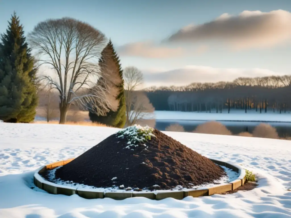 Un compostaje invernal tranquilo con nieve, árboles dormidos y una suave luz filtrada