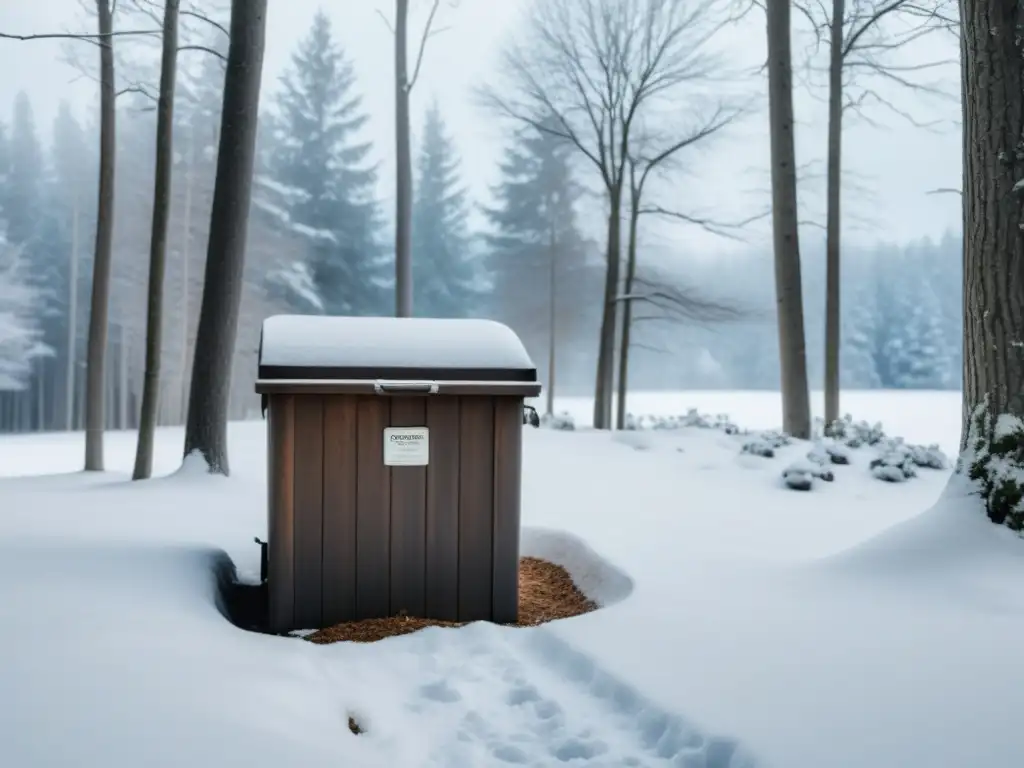 Un compostaje de invierno en casa: un escenario sereno con un contenedor minimalista rodeado de árboles cubiertos de nieve