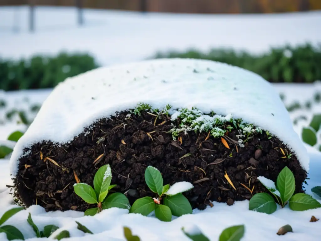 Compostaje de invierno en casa: un montón de compost cubierto por una ligera capa de nieve, con el verde vibrante asomando