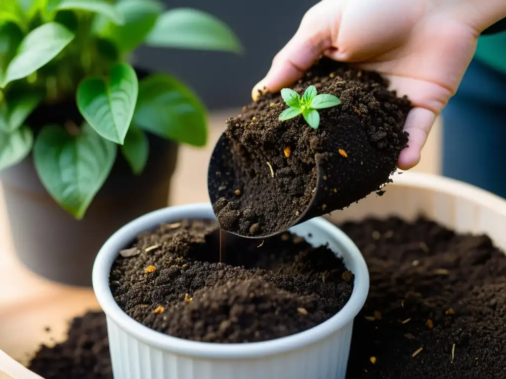 Un compostaje en macetas hogar sostenible: mezcla de rico compost oscuro en una planta bien cuidada, creando un ambiente nutriente y vibrante