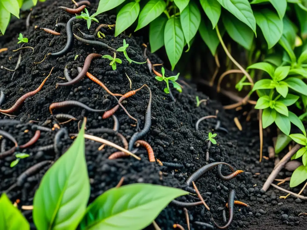 Compostaje con biochar: montón oscuro de compost rodeado de plantas verdes exuberantes, en simbiosis con el biochar