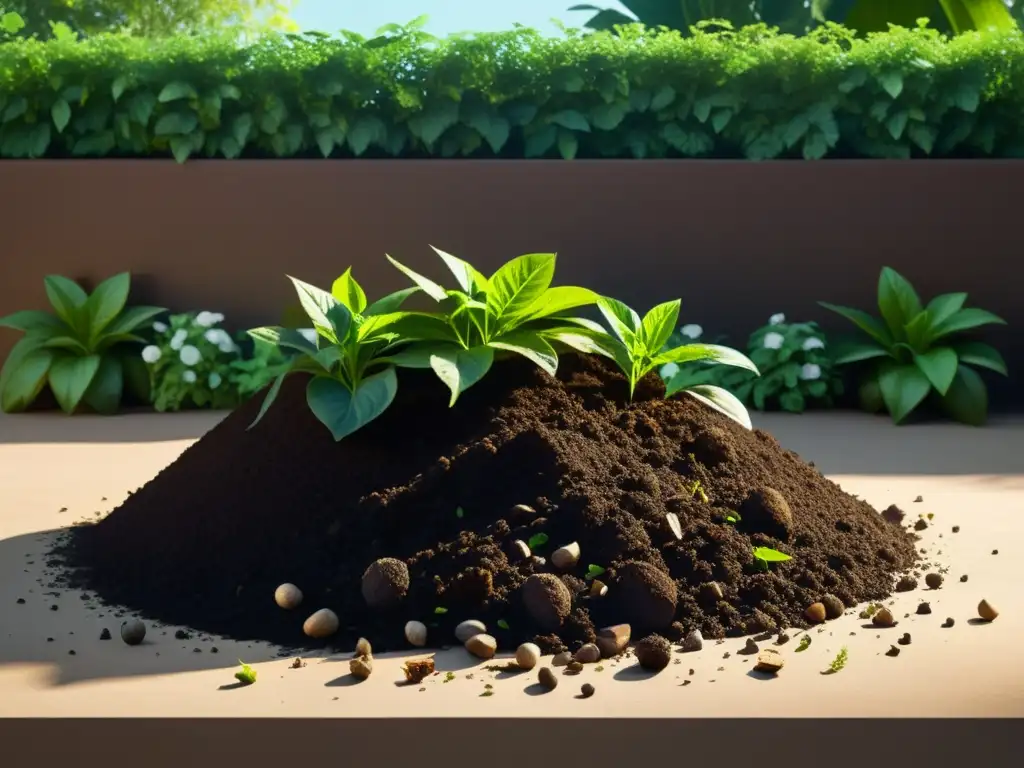 Compostaje natural en el jardín, evitando plaguicidas en el compost, rodeado de plantas vibrantes y flores, creando un ambiente sereno y sostenible