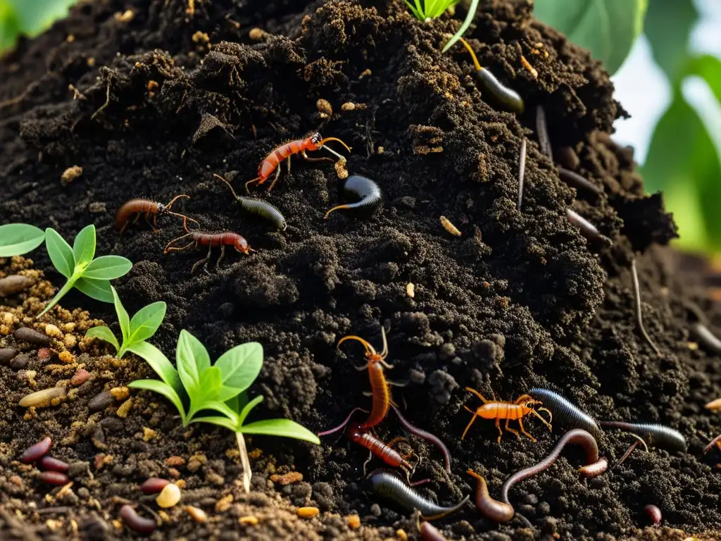 Compostaje en acción: oportunidades de mercado en compostaje con lombrices y microorganismos trabajando en un montón de compost rico y oscuro, en contraste con el suelo y la vegetación circundante