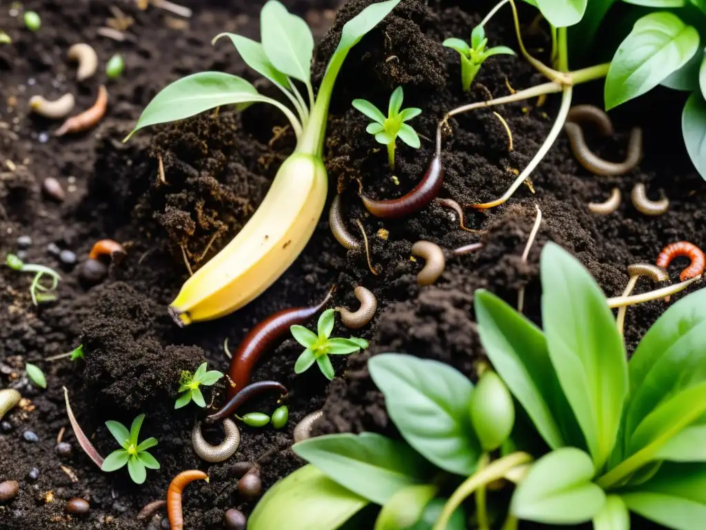 Compostaje orgánico fértil con lombrices y brotes verdes, iluminado por el cálido sol, muestra soluciones orgánicas para jardín saludable